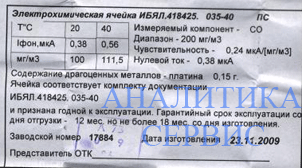 Этикетка к ячейке электрохимической на СО к СОУ-1, СТГ-1 (ИБЯЛ418.425.035-40)
