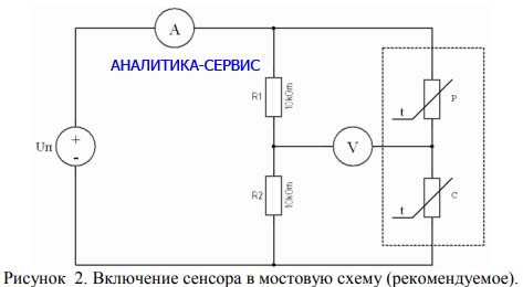Рекомендуемое включение Сенсора горючих газов ДТК-2 и ДТК-2А в мостовую схему